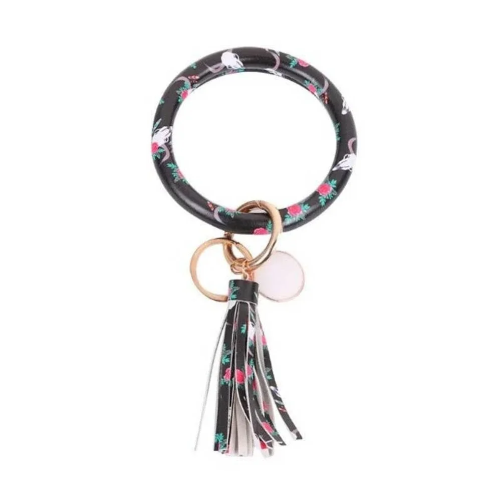 Black Vegan Leather Tassel Bangle Keychain with Red‎ Roses/Steer Skulls~~NWOT